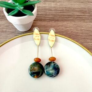 Gold Orange & Blue Bead Dangle Earrings Drop Bohemian Linear Jewelry NEW Boho